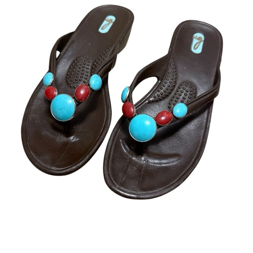 Oka-B Brown Wedge Flip Flops with Turquoise & Red Beading Medium 7-8